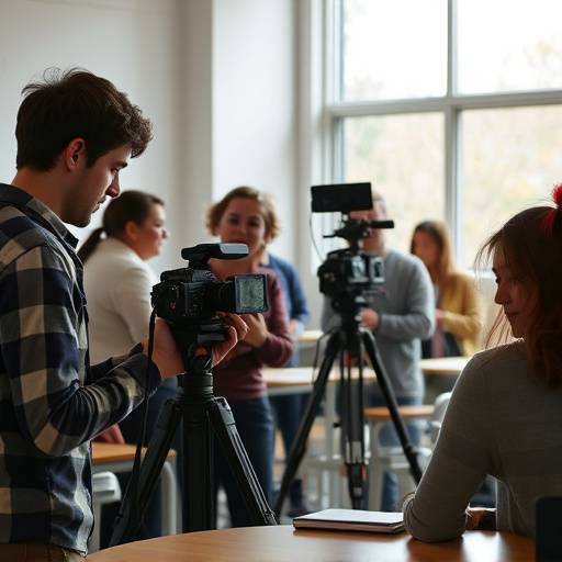 Des étudiants travaillant ensemble sur un projet de film dans une salle de classe.