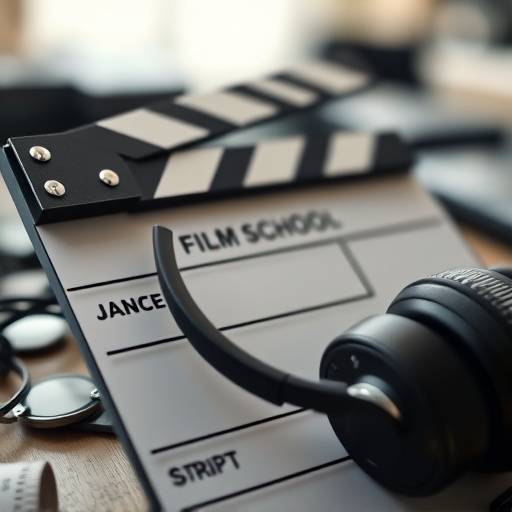 Gros plan de divers matériaux de cours de cinéma, y compris un clap de film, un script et un casque.